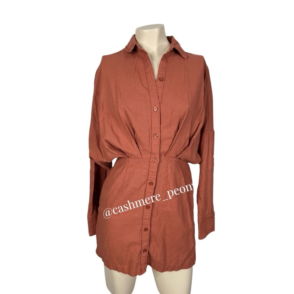 Abercrombie & Fitch Rust Button-Up Ruched Shirt Mini Dress XS